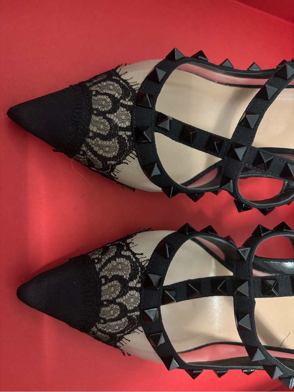 Valentino Garavani Black Lace Pointed Studded Strappy Pumps